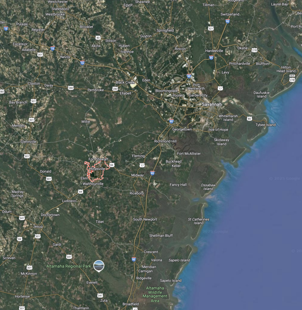 Satellite map showing Savannah, Georgia, and surrounding areas, with roads, towns, and landmarks labeled. Coastal line visible to the east.